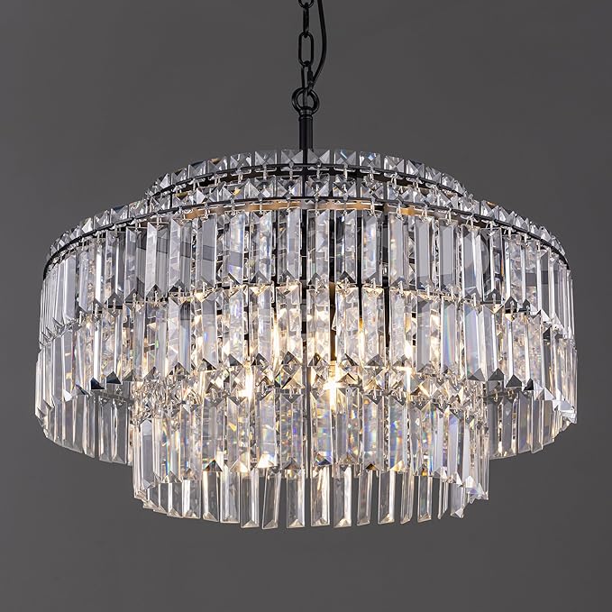 TOCHIC Black Modern Crystal Chandelier,2-Tier Round Height Adjustable Ceiling Light Fixture for Dining Room Living Room Bedroom Kitchen Foyer