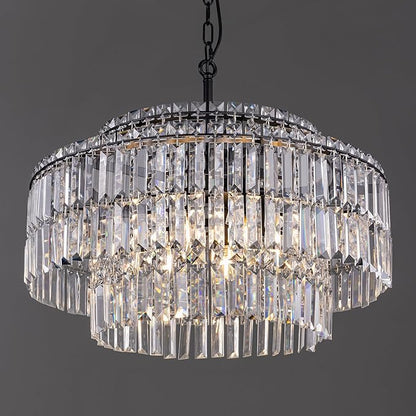 TOCHIC Black Modern Crystal Chandelier,2-Tier Round Height Adjustable Ceiling Light Fixture for Dining Room Living Room Bedroom Kitchen Foyer