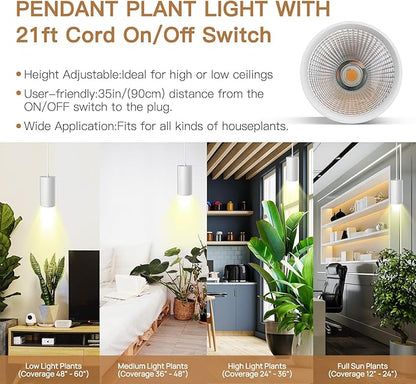 STERREN LED Grow Light, White Plug in Hanging Lights for Indoor Plants, Full Spectrum Grow Lights with On/Off Switch, Decorative Pendant Lights with 21 Ft Height Adjustable Power Cord
