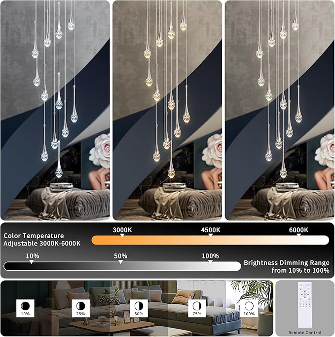 Modern Crystal Staircase Chandelier Polished Chrome 12-Lights, H120'' Large High Ceiling Spiral Dimmable LED Raindrop Foyer Entryway Light Fixture Remote Control