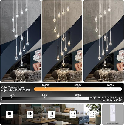 Modern Crystal Staircase Chandelier Polished Chrome 12-Lights, H120'' Large High Ceiling Spiral Dimmable LED Raindrop Foyer Entryway Light Fixture Remote Control