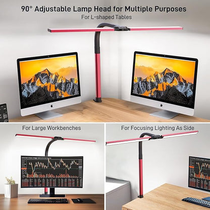 LED Desk Lamp for Home Office, Eye-Caring Desk Light with Clamp, 24W Double Head Architect Task Lamp Stepless Dimming, Flexible Gooseneck Bright Table Lamp for Study Reading Workbench Drafting Red