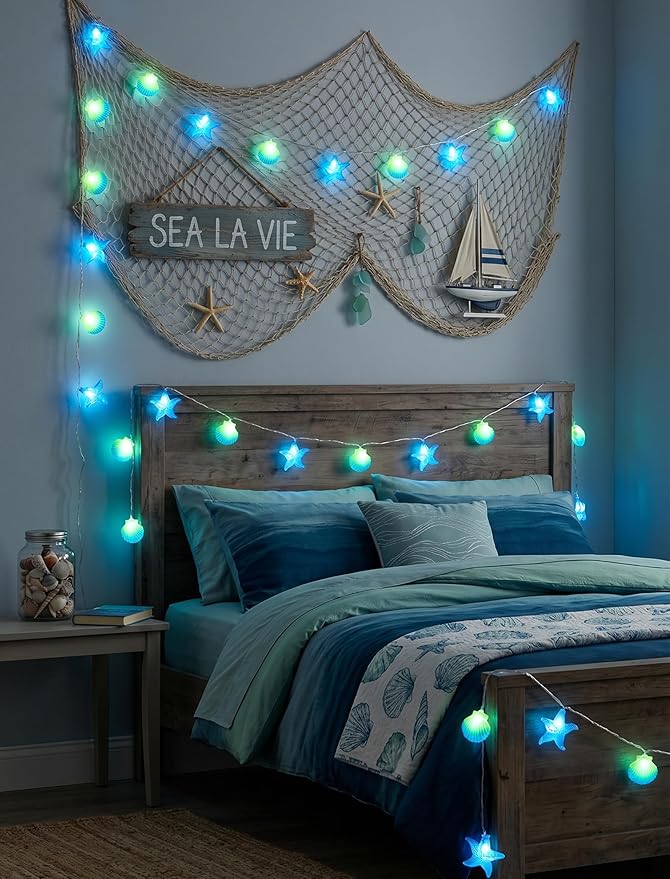 8.5Ft Beach Themed Seashell String Lights, 10L LED Ocean Starfish Seashell Lights Plug in for Boho Coastal Bedroom Seashell Party Nautical Party Holiday Decor, Indoor Outdoor