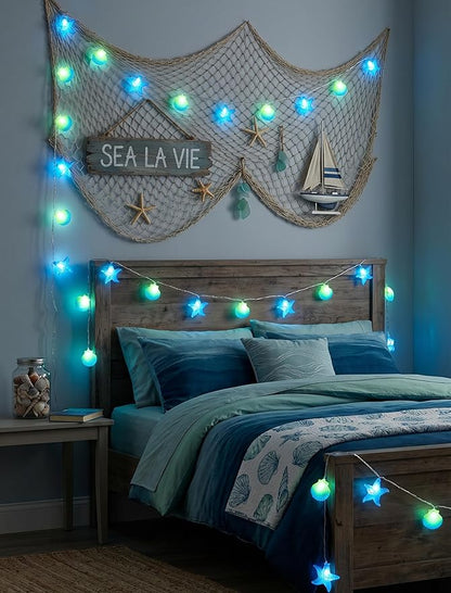 8.5Ft Beach Themed Seashell String Lights, 10L LED Ocean Starfish Seashell Lights Plug in for Boho Coastal Bedroom Seashell Party Nautical Party Holiday Decor, Indoor Outdoor