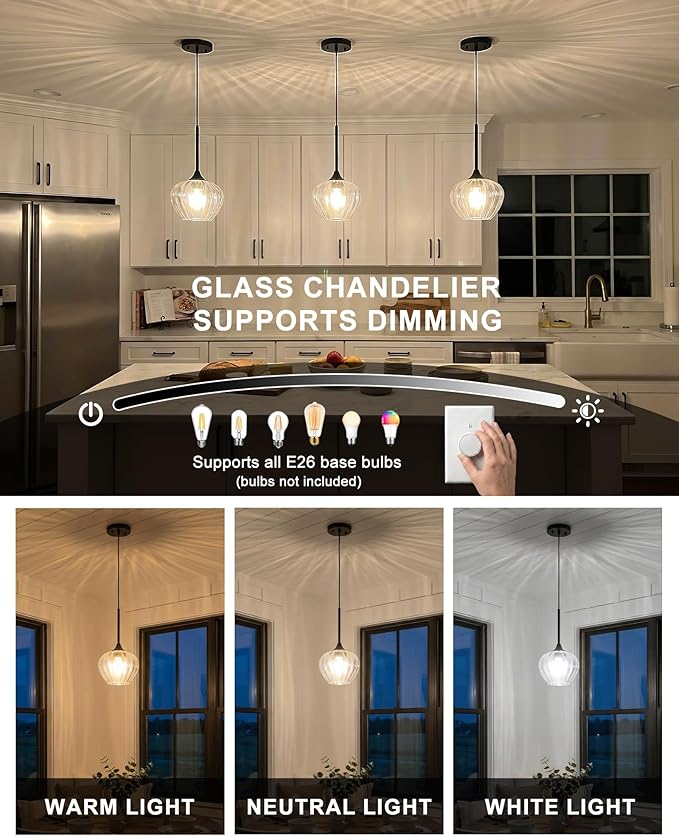 2-Pack Glass Pendant Lights Kitchen Island, 7" Modern Black Glass Pendant Lighting Farmhouse Hanging Light Fixtures for Kitchen, Dining Room, Bathroom, Bedroom