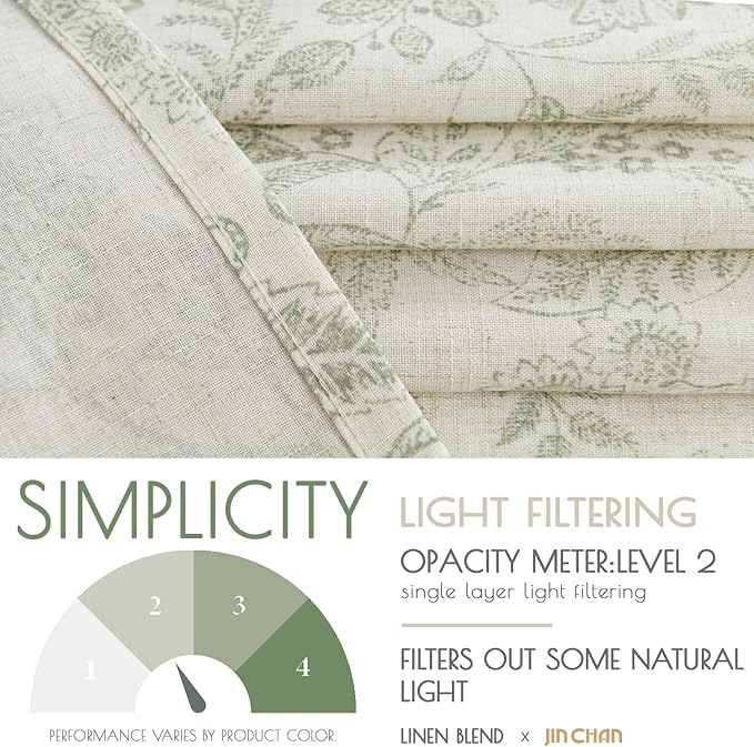 jinchan Linen Kitchen Curtains Floral Printed Tier Curtains 24 Inch Length Farmhouse Cafe Drapes for Small Windows Tie Top Botanic for Country Laundry Room Bathroom RV 2 Panels Sage Green on Beige