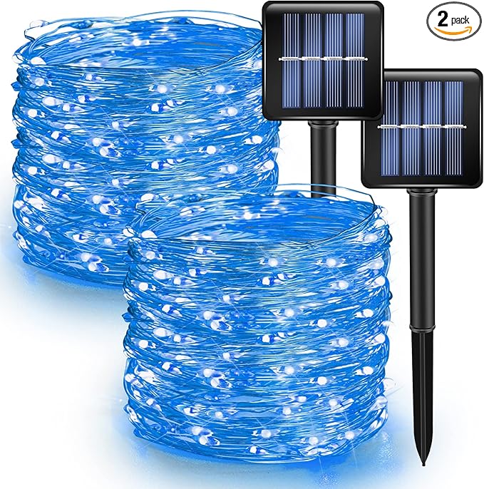 Dazzle Bright 2 Pack Solar String Lights Outdoor, Total 80FT 240LED Solar Powered Waterproof Fairy Lights 8 Modes, Copper Wire Lights for Christmas Patio Party Tree Yard Decoration (Blue)