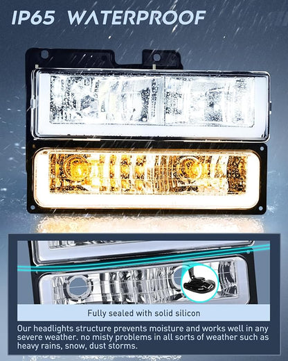Nilight DRL Headlight Assembly Compatible with 1988 1989 1990 1991 1992 1993 1994 1995 1996 1997 1998 Chevrolet GMC C10 C/K 1988-1999 Silverado Suburban Sierra Blazer Tahoe Yukon Chrome Housing