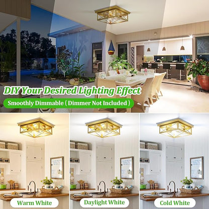 Kondras Gold Hallway Light Fixtures Ceiling, 2-Light Farmhouse Vintage Flush Mount Ceiling Lights, 2-Pack Brass Metal Kitchen Light Fixtures, Close to Ceiling Lights for Bedroom Living Room Entryway