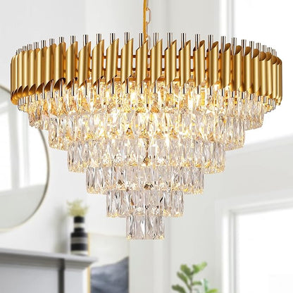 AXILIXI Gold Crystal Chandelier, Modern 30" Round Chandeliers for Dining Room K9 6-Tier Extra Large Ceiling Pendant Light Fixtures Golden Luxury Chandelier for Foyer Living Room Staircase