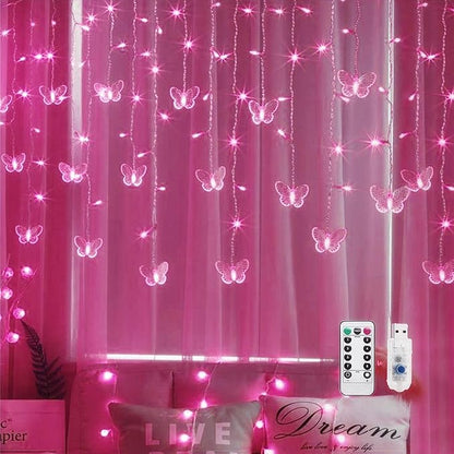 Butterfly Curtain Fairy Lights, 120LED Pink Twinkle String Lights with Romote, 8 Modes USB Powered Christmas Lights for Wedding, Bedroom, Party Decoration