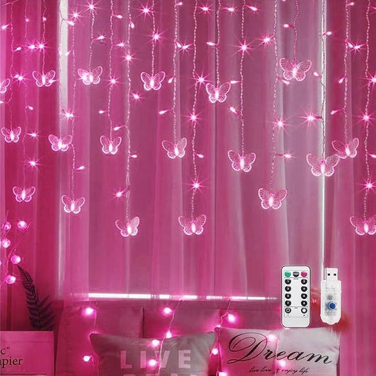 Butterfly Curtain Fairy Lights, 120LED Pink Twinkle String Lights with Romote, 8 Modes USB Powered Christmas Lights for Wedding, Bedroom, Party Decoration