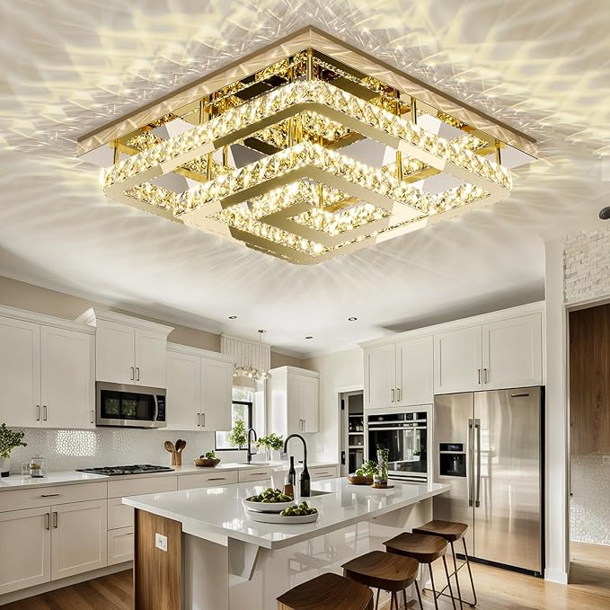 34" Crystal Gold Chandelier with Remote/APP Control, 3 Color Temperature Light Fixture & Brightness Adjustable, Modern Flush Mount LED Ceiling Light Fixture for Living Room Kitchen Hallway Dining Room