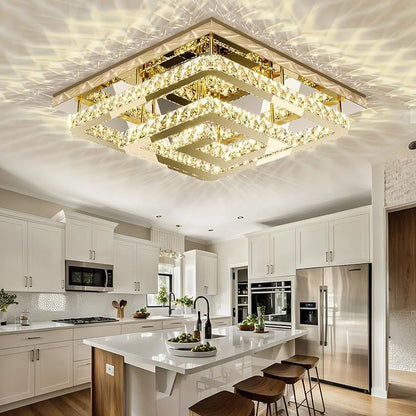 34" Crystal Gold Chandelier with Remote/APP Control, 3 Color Temperature Light Fixture & Brightness Adjustable, Modern Flush Mount LED Ceiling Light Fixture for Living Room Kitchen Hallway Dining Room