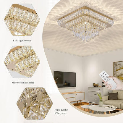 COCOSTAR Crystal Chandeliers, Modern Led Luxury Chandelier, 25" Suqare Flush Mount Chandelier Ceiling Light, Chandeliers for Dining Room, Living Room, Bedroom, Gold