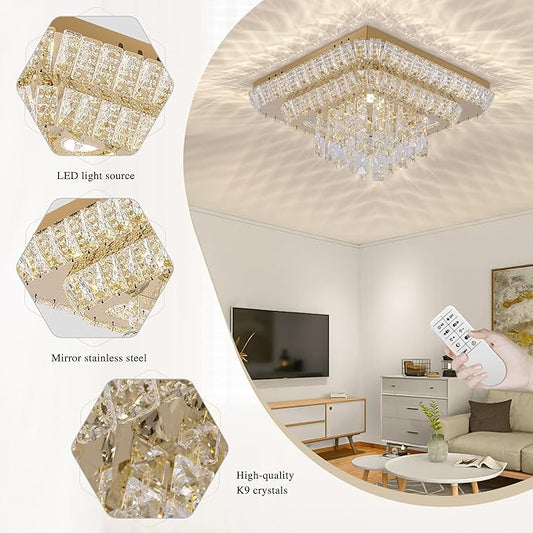 COCOSTAR Crystal Chandeliers, Modern Led Luxury Chandelier, 25" Suqare Flush Mount Chandelier Ceiling Light, Chandeliers for Dining Room, Living Room, Bedroom, Gold
