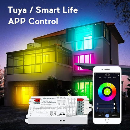 GIDERWEL Smart 5 in 1 WiFi LED Controller RGBWW for Strip Lights RGBCCT RGBW RGB CCT and 5 White Strips,Work with Alexa/Google Assistant,APP/Voice Control Color Change Dimming(Only a WiFi Controller)