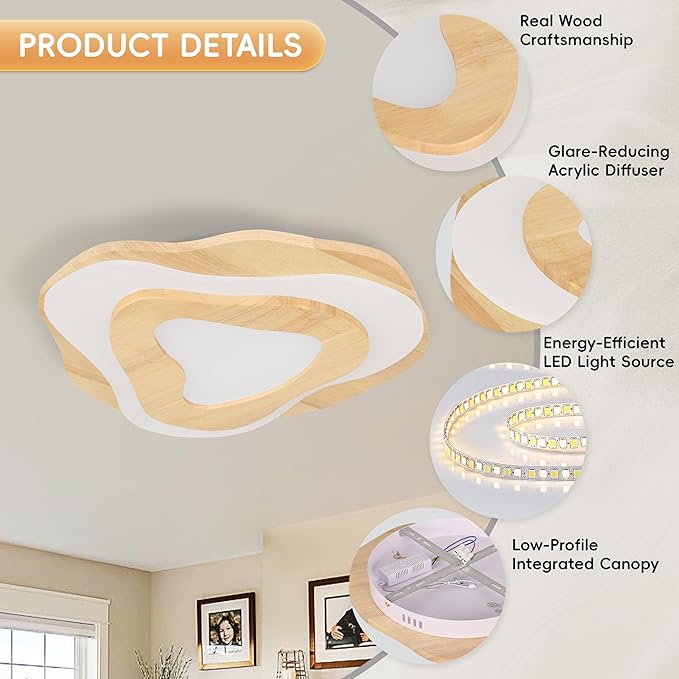 Littleglovo 15.7" Modern Flush Mount LED Chandelier for Dining Room, Dimmable Natural Wood Petal Energy Chandeliers Ceiling Light for Entryway Bedroom Foyer Kitchen Living Room Bathroom