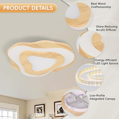 Littleglovo 15.7" Modern Flush Mount LED Chandelier for Dining Room, Natural Wood Petal Energy Chandeliers Ceiling Light for Entryway Bedroom Foyer Kitchen Living Room Bathroom