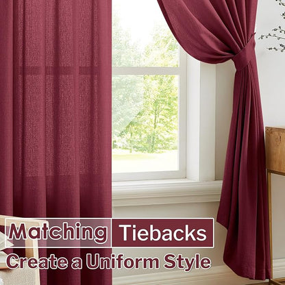 Melodieux Burgundy Semi Sheer Curtains 72 Inches Long for Bedroom, Living Room Farmhouse Linen Look Shiny Sheer Drapes, Rod Pocket Light Filtering Sheer Curtains, 52" W x 72" L, 2 Panels
