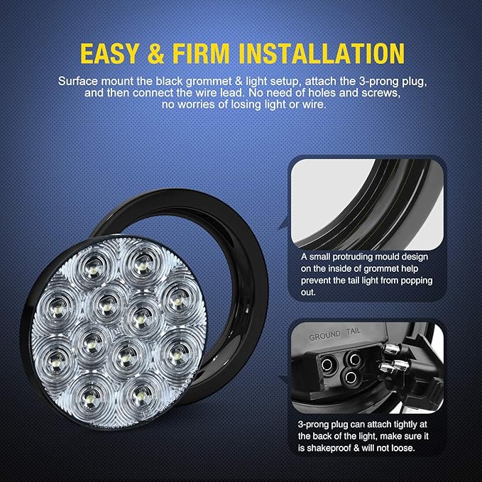 Nilight 2PCS 4" White Round LED Reverse Back Up Light w/Surface Mount Grommet Plugs Trailer Tail Lights for Truck Trailer RV Jeep