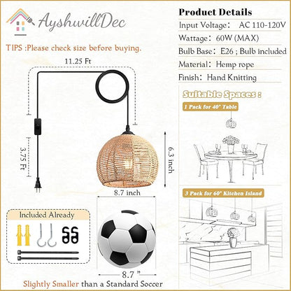 Plug in Mini Hemp Rope Woven Pendant Light Woven Light Fixture Boho Chandelier Wicker Pendant Lights Rattan Plug in Cord Hanging Lights Dome Wicker Chandelier for Bedroom (Bulb Incl.)