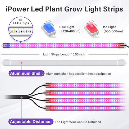 iPower 20W LED Plant Grow Light Strips Full Spectrum for Indoor Plants with Auto ON/Off 3/9/12H Timer, 10 Dimmable Levels 48 LEDs Per Tude, for Hydroponics Succulent, 4 Tubes*2, Red&Blue