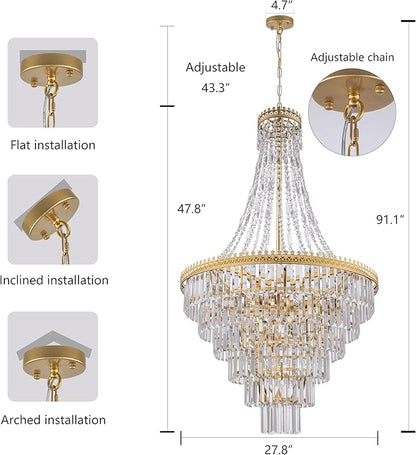TOCHIC French Empire Crystal Chandelier Modern Farmhouse Chandelier Ceiling Light for Foyer Entryway High Ceiling, Vintage Gold Chandelier Light Fixture for Dining Living Room 28" W x 48" H