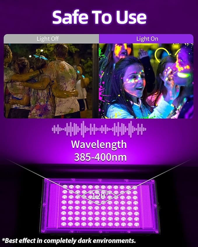 THECHAM 100W LED Black Lights IP66 Waterproof Black Light Outdoor with 5.9ft Plug+Switch,Flood Blacklight for Halloween Glow in The Dark Party Stage Light Neon Glow Birthday 2 Pack