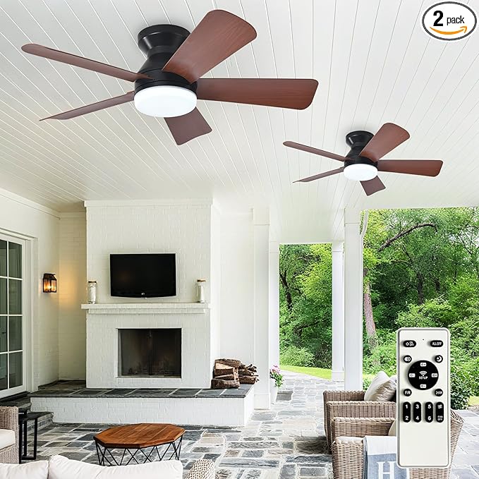 Depuley 35-Inch Ceiling Fan with Light: Walnut 5 Blade Low Profile Small Fans for Kitchen Bedroom - Flush Mount Ceiling Fan for Indoor/Outdoor with Remote Control Reversible Timer - 2 Packs