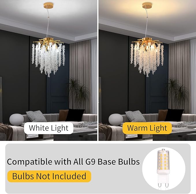Crystal Tree Branch Chandelier Gold Roud Raindrop Pendant Light Tassel Ceiling Hanging Light Fixtures for Bedroom Living Room Dining Room Entryway Dia 12"
