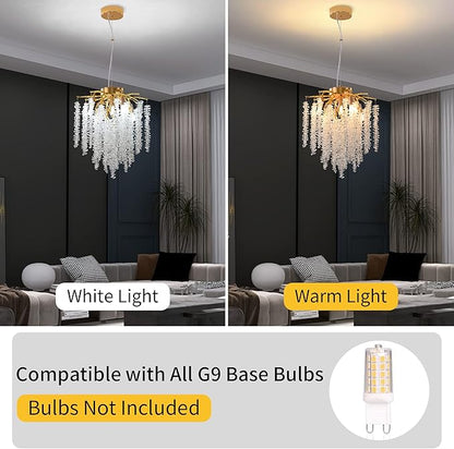 Crystal Tree Branch Chandelier Gold Roud Raindrop Pendant Light Tassel Ceiling Hanging Light Fixtures for Bedroom Living Room Dining Room Entryway Dia 12"