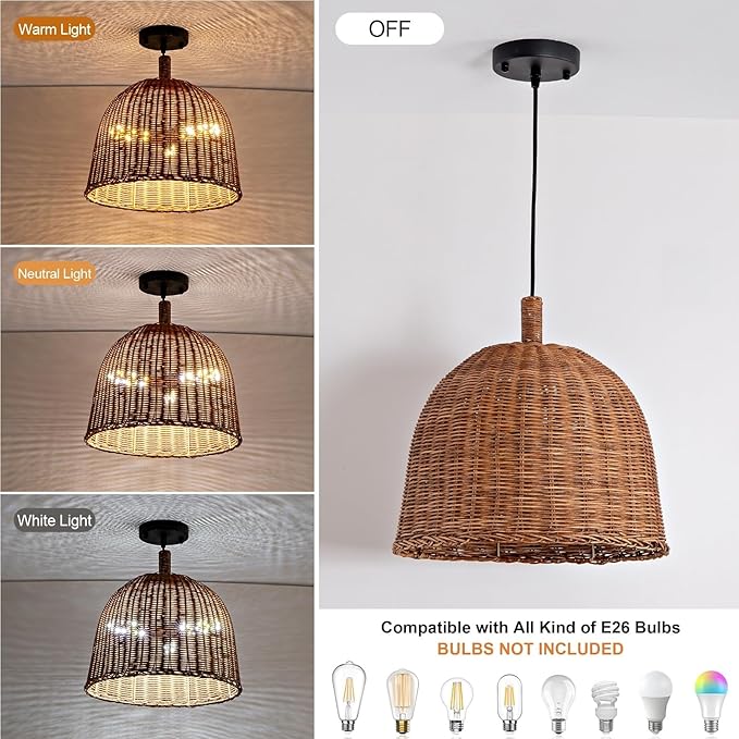 Rattan Pendant Light 13.8" Hand Weaving Wicker Dining Room Light 3-Light Boho Bracket Hanging Chandelier Fixture for Living Room Bedroom Kitchen Island Entry Hallway Farmhouse
