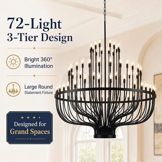 Shandaglo 60 Inch Black Wagon Wheel Chandelier for High Ceilings, 72-Light 3-Tier Extra Farmhouse Foyer Light Fixture, Large Round Pendant for Entryway Staircase Dining Room