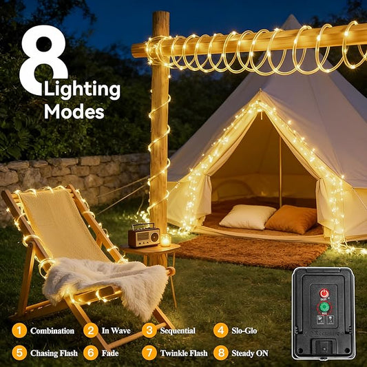 Ollny Solar Rope Lights Outdoor, 2 Pack Total 66FT 200 LED Warm White String Lights with Remote, 8 Modes Waterproof Timer Tube Light for Tree Holiday Party Wedding Decor
