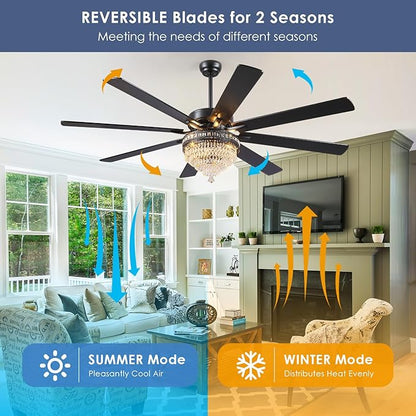 Asyko 72" Crystal Ceiling Fan Fandelier with Lights - Modern Crystal Chandelier Fans with Remote Control,Noiseless DC Motor, Retro/Farmhouse Lighting, Dining Room,Living Room