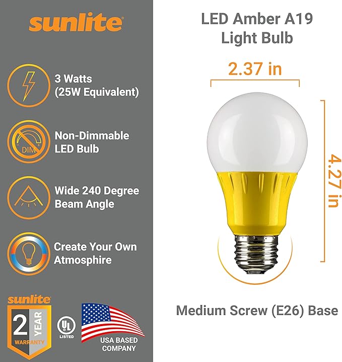 Sunlite 80149 LED A19 Colored Light Bulb, 3 Watts (25w Equivalent), E26 Medium Base, Non-Dimmable, UL Listed, Party Decoration, Holiday Lighting, 1 Count, Amber (Pack of 2)
