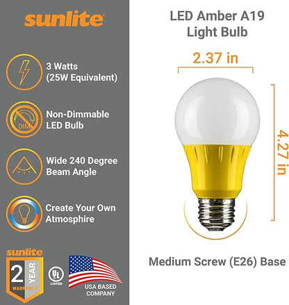 Sunlite 80149 LED A19 Colored Light Bulb, 3 Watts (25w Equivalent), E26 Medium Base, Non-Dimmable, UL Listed, Party Decoration, Holiday Lighting, 1 Count, Amber (Pack of 2)