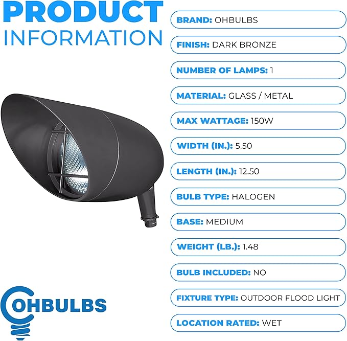 1-Light Landscape Flood Light Fixture - 150W Non-Dimmable Halogen - Outdoor Ceiling Mount - Dark Bronze; OL-66362