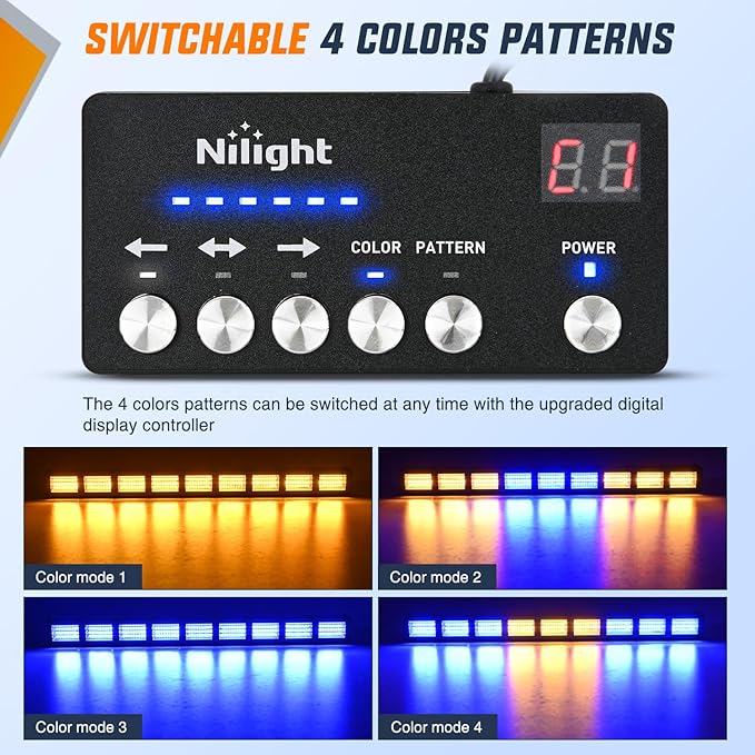 Nilight 162 LED Traffic Advisor Strobe Light Bar 2-in-1 Amber Blue Emergency Warning Hazard Lights with Controller 4 Switchable Color 36 Flash Pattern for Trucks Cars Tow Plow Construction Vehicles