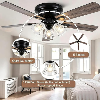 60" Vintage Ceiling Fan with Lights and Remote, Flush Mount Farmhouse Ceiling Fan 3-Lights Rustic Chandelier for Living Room Bedroom, Reversible Quiet DC Motor 6 Speeds