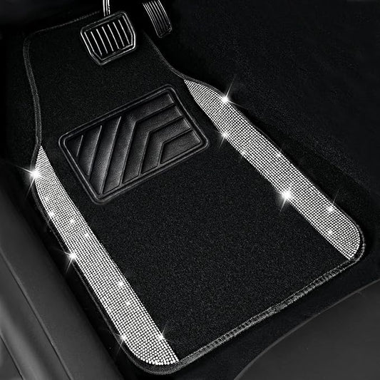 CAR PASS 3 Row Bling Diamond Car Mats Shining Carpet Rhinestones Sparkly Glitter Floor Mats Anti-Slip PVC Heel Pad Universal for Automotive SUV,Sedan,Van, 3rd Row 2 Rear for Girl Women, Black Silver