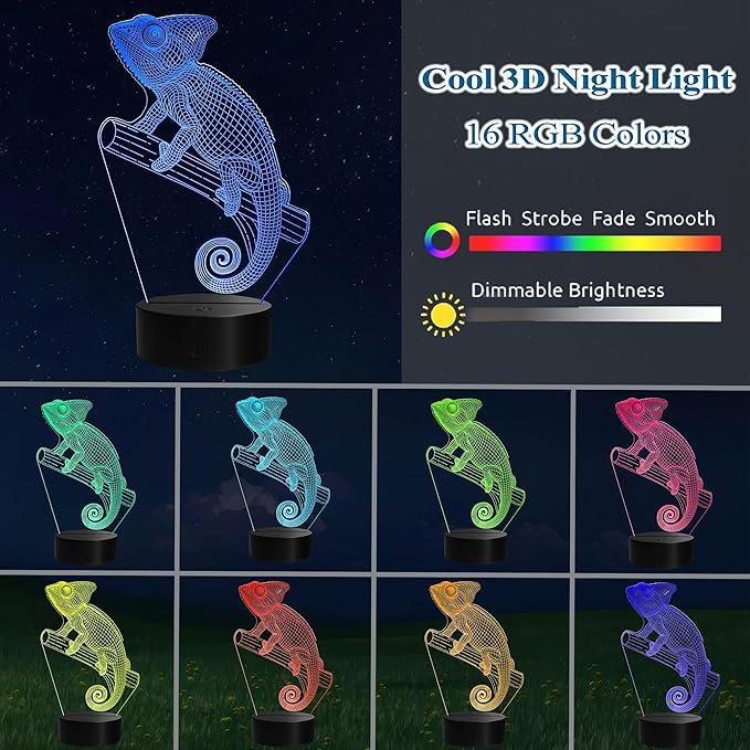 Chameleon Night Light, Lizard Gifts, 3D Illusion Lamp with Remote Control, 16 RGB Colors, 4 Flashing Modes, Timer, Dimmable, Chameleon Toy Accessories for Holiday Birthday Christmas