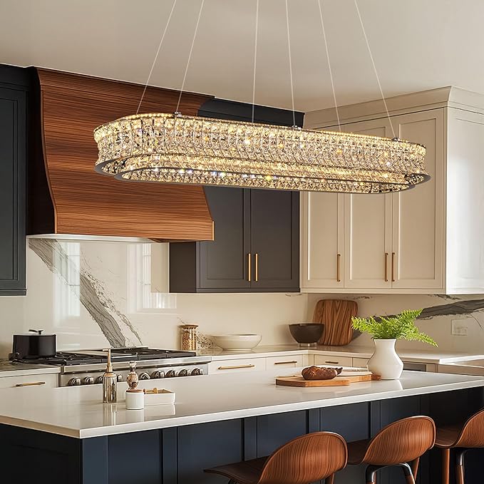 47" LED Rectangle Chrome Crystal Chandeliers for Dining Room, Luxury, Rectangular Modern Crystal Oval Kitchen Chandelier, Dimmable LED with Remote, for Dining Room, Kitchen Island