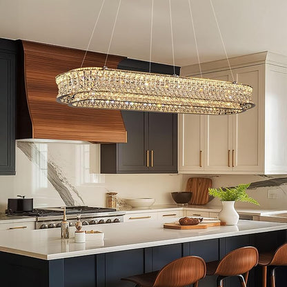 47" LED Rectangle Chrome Crystal Chandeliers for Dining Room, Luxury, Rectangular Modern Crystal Oval Kitchen Chandelier, Dimmable LED with Remote, for Dining Room, Kitchen Island