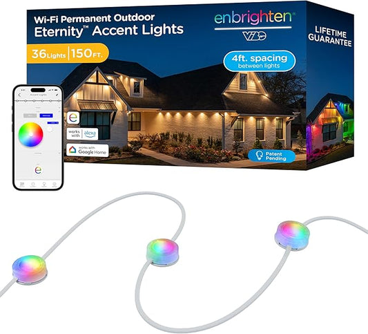 Enbrighten Eternity Accent Permanent Outdoor Lights, 150ft with 36 RGBWIC LED Lights, App‑Controlled, Cuttable, Christmas, Accent & Year‑Round Eave Lighting, Works with Alexa & Google Home, 85715