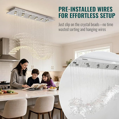 Siljoy Rectangle Wave Raindrop Chandelier for Dining Room, 12 Light Modern Rectangular Flush Mount Crystal Pendant Ceiling Light for Living Room Kitchen L47'' x W11.8'' x H40''
