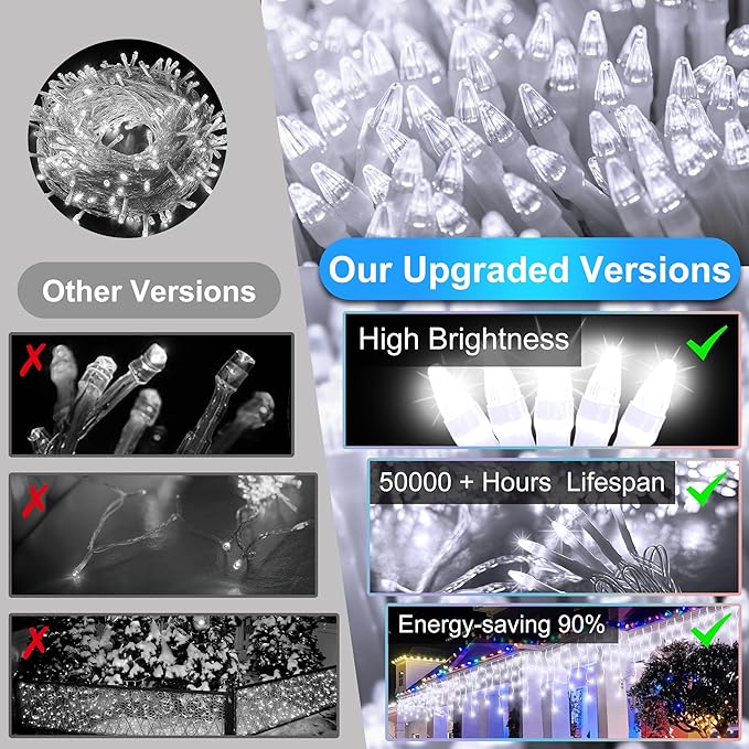 810LED 82ft Christmas Lights, 180Drops 12 Modes Cool White Christmas String Lights Outdoor Dimmable, Waterproof Christmas Decoration Fairy Lights with Timer for Indoor Eaves Party Patio Window Fence