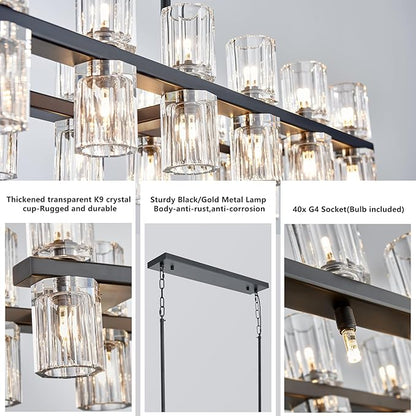 Black Rectangular Crystal Chandelier for Dining Room, 53 in Light Fixture Chandelier Over Table, Modern Crystal Chandelier Pendant Light for Kitchen Island Living Room