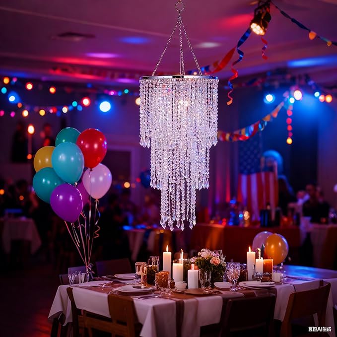 Modern Chrome Beaded Hanging Chandelier (W10.25 x H20”)，3 Tiers Beads Pendant Shade, Ceiling Chandelier Beaded Lampshade with Acrylic Jewel Droplets (Crystal Iridescent)
